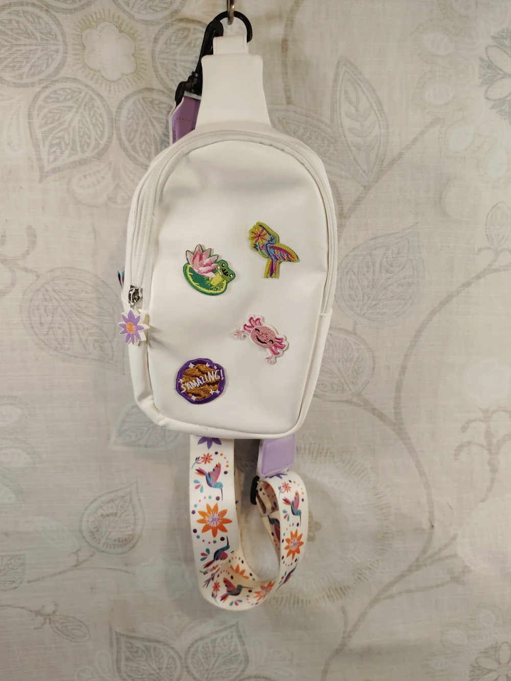 Own Your Magic Kids White Sling Bag with Colorful Patch Accents